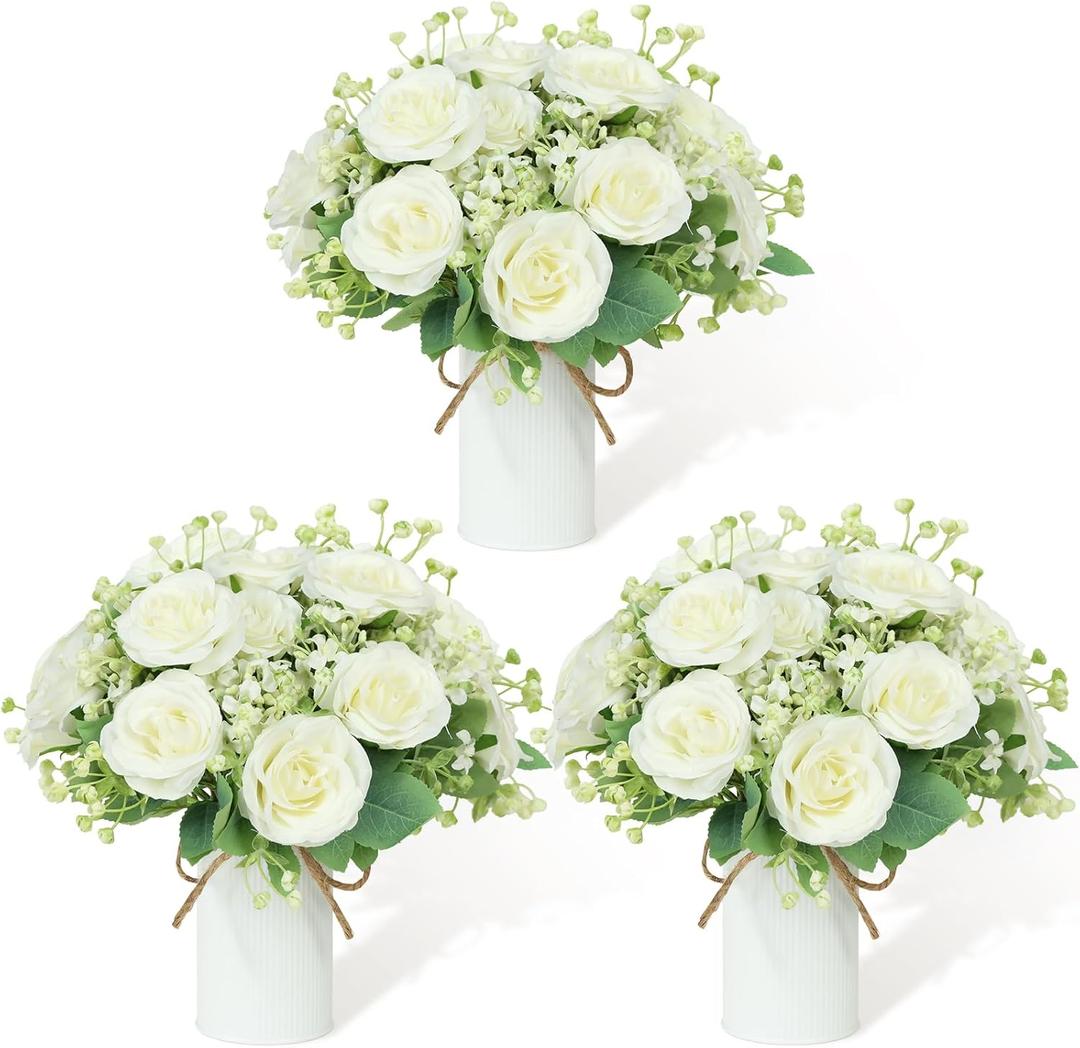 Wedding Table Dining Centerpiece Set of 3 - Small Artificial Floral Arrangements 6 Pcs Silk Rose Bouquets and 3 Pcs Metal Pot Silk Flowers in Vase for Wedding Party Home Kitchen Bathroom Dcor, Ivory