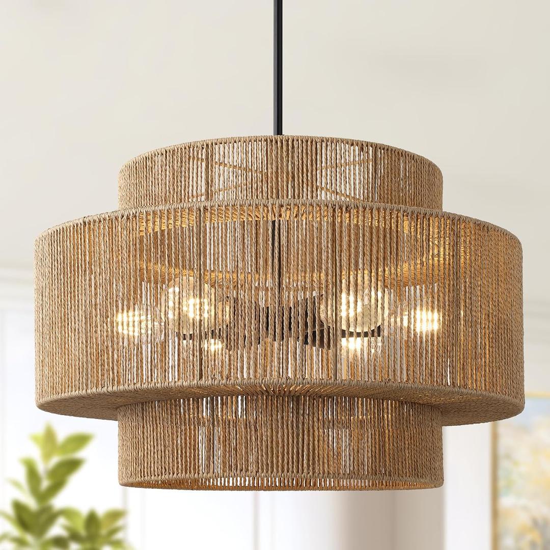 24" Large Rattan Chandelier,6-Light Wicker Light Fixture