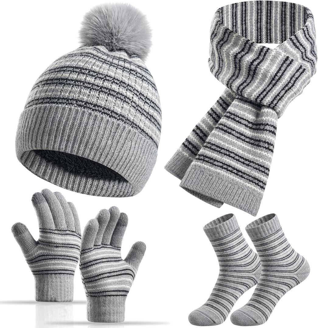 Kids Winter Hat Gloves Scarf Socks Set 4Pcs, Toddler Pom Beanie Warm Knit Scarf Fleece Mittens Socks for Girls Boys Aged 3-8 (Gray)
