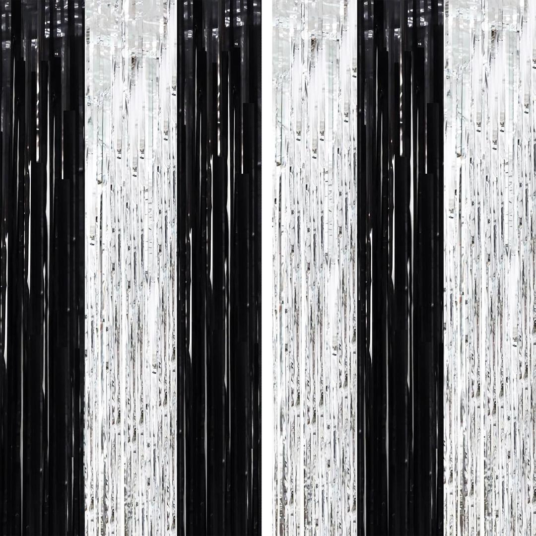 Voircoloria 2 Pack Black and Silver Tinsel Foil Fringe Curtains, Black White Party Decorations, Metallic Tinsel Party Streamers Backdrop for New Years Birthday Christmas Graduation Decorations