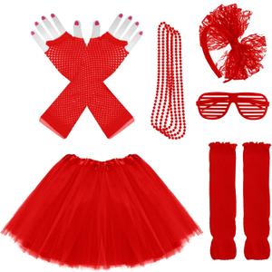 Kids 6 in 1 Costume Accessories 1970s 1980s Fancy Outfits and Dress for Cosplay Party Theme Party for Girl (Red)