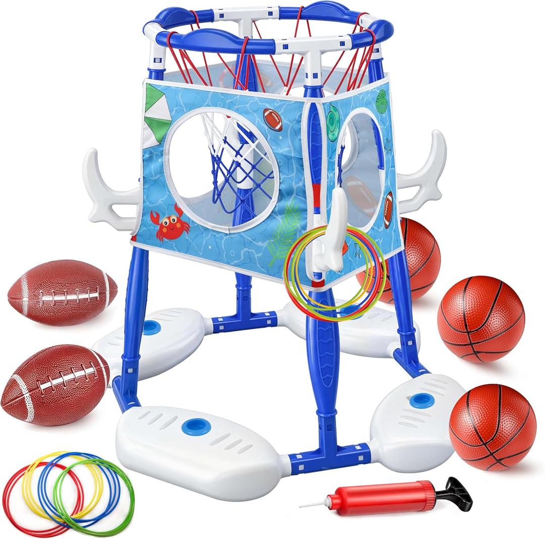 Pool Basketball Hoop 3-in-1 Basketball Football Ring Toss Games Pool Toys with 5 Balls, Floating Basketball Hoop for Pool for Kids & Adults Indoor Outdoor