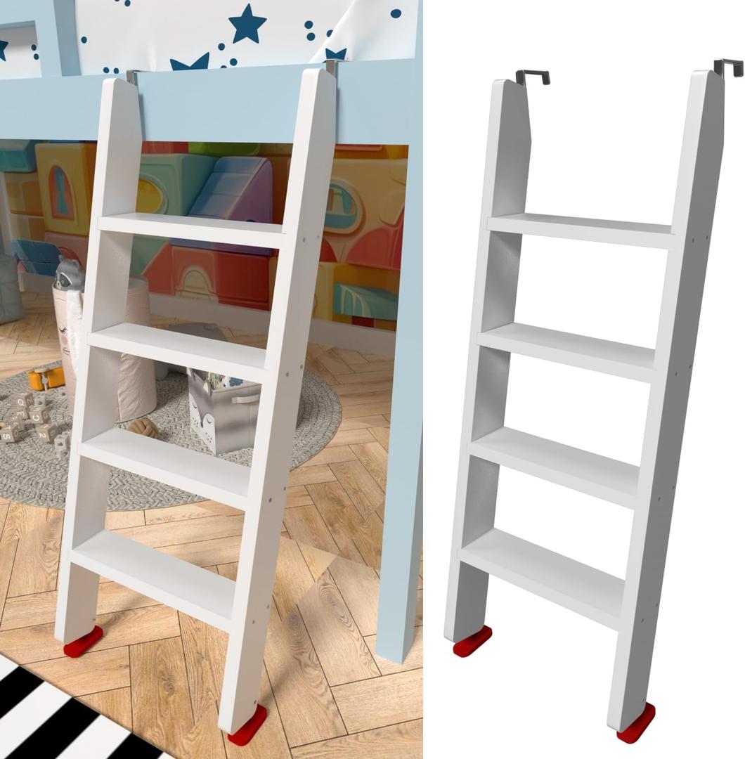 50" 55" 60" White Wood Bunk Bed Ladder, Lofted/Dorm/RV Bed Bunkbed Ladders with 4in Extra Wide Steps and Non-Slip Pads, Replacement Wooden Ladder for Motorhome/Camping (White, 50in /127cm)