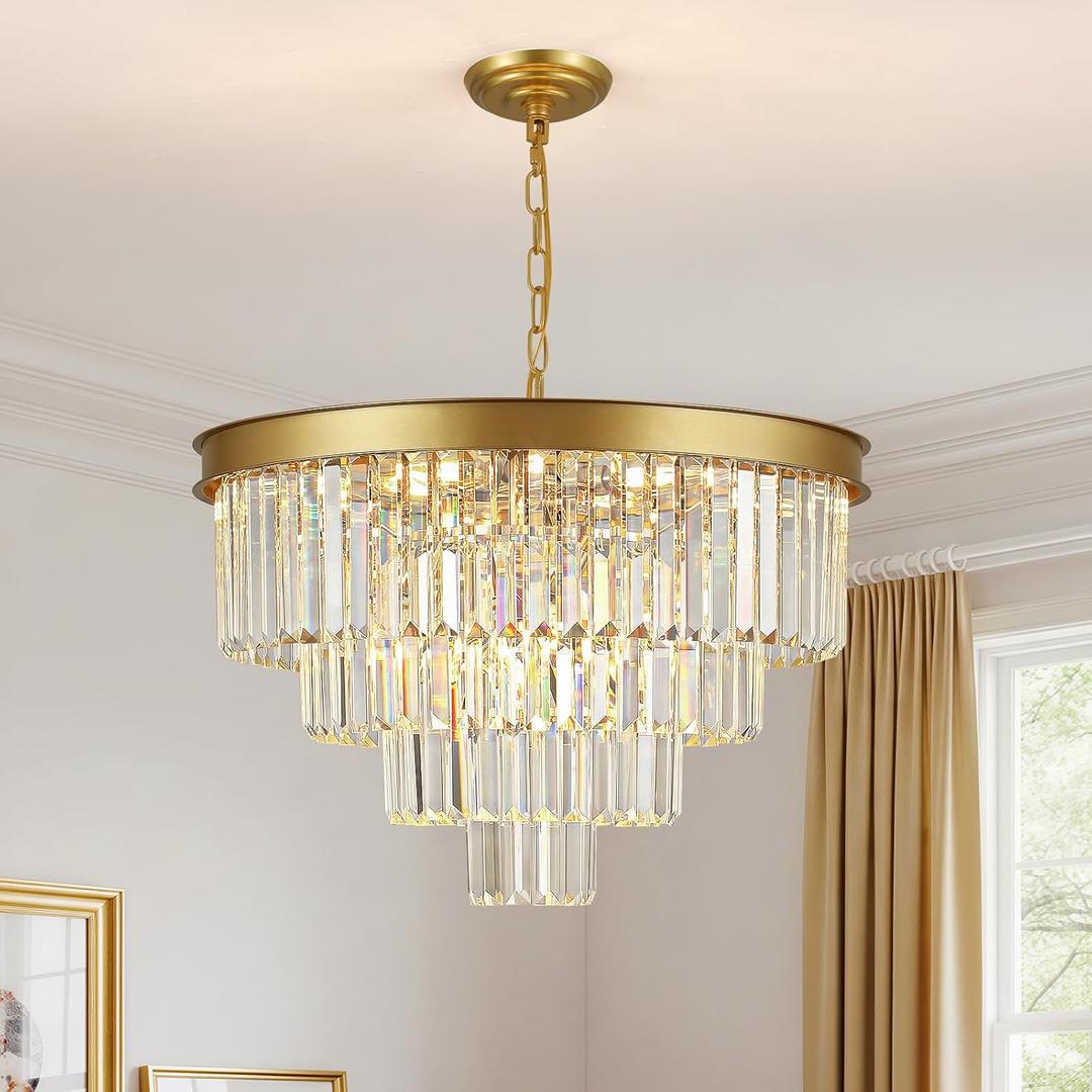 Gold Chandelier Light Fixture, 2412 Lights Modern Chandeliers for Dining Room, 4-Tier Round Crystals for Chandeliers for Living Room Bedroom Kitchen Island Entryway Hallway Foyer