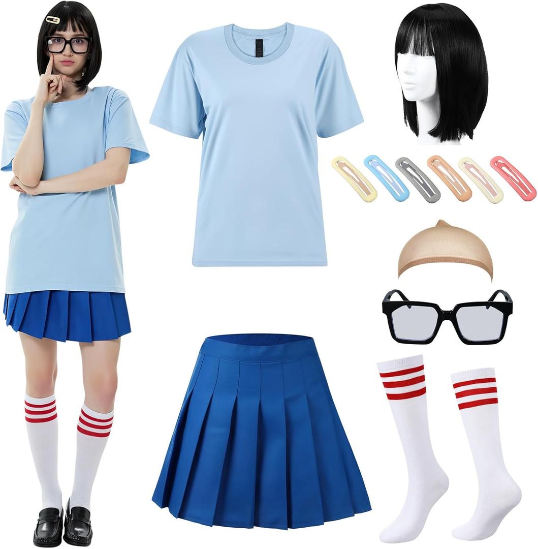Mepase 7 Pcs Halloween Nerd Costume for Women Includes Black Bob Wigs Blue Top Short Skirts Glasses Socks Hair Clips (Large)