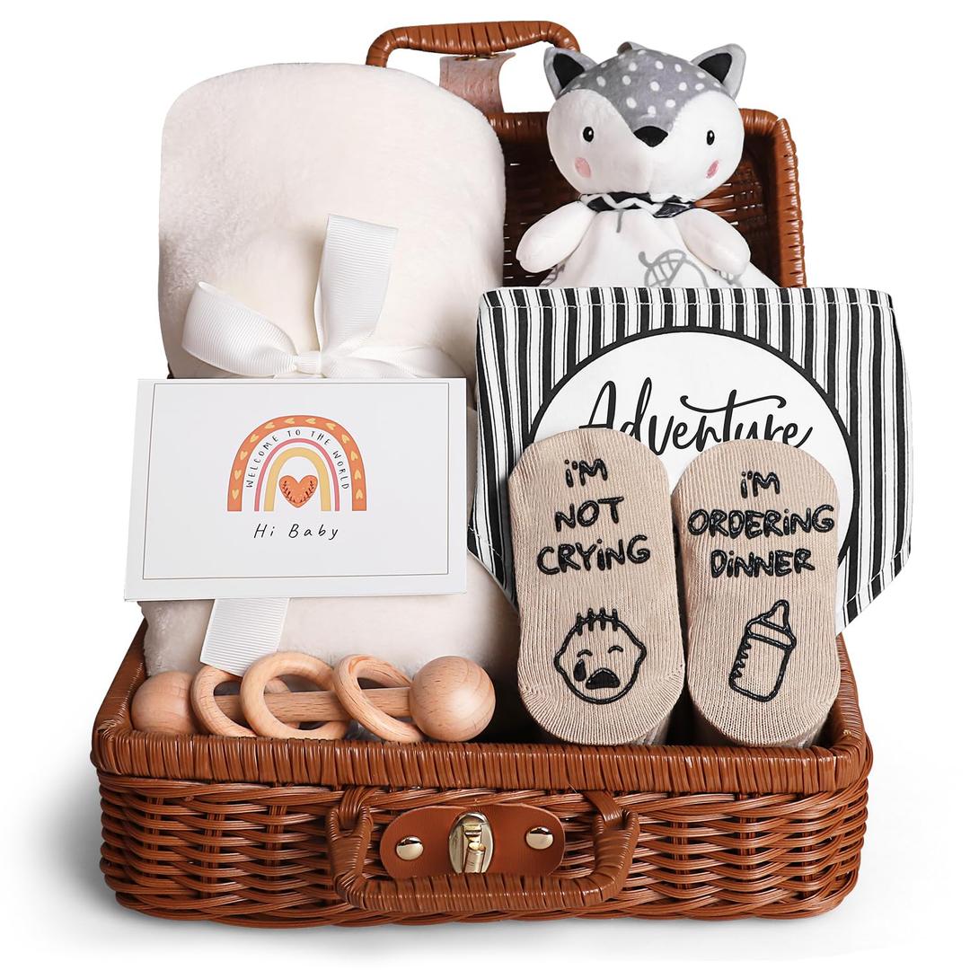 Regalos de baby shower, regalos para bebs para nias y nios, regalos nicos para bebs, cesta de cosas esenciales, manta amorosa para bebs, calcetines de baberos para recin nacidos,
