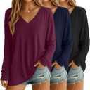 3 Pack Womens Oversized T Shirts Long Sleeve V Neck Cotton Basic Tops Loose Fit Workout Tees Fall Winter Outfits (Small, Black, Navy Blue, Fuchsia)