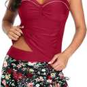Yonique Womens Underwire Tankini Swimsuits with Skirt Two Piece Bathing Suits Tummy Control Swimwear (Large, Red and Floral)