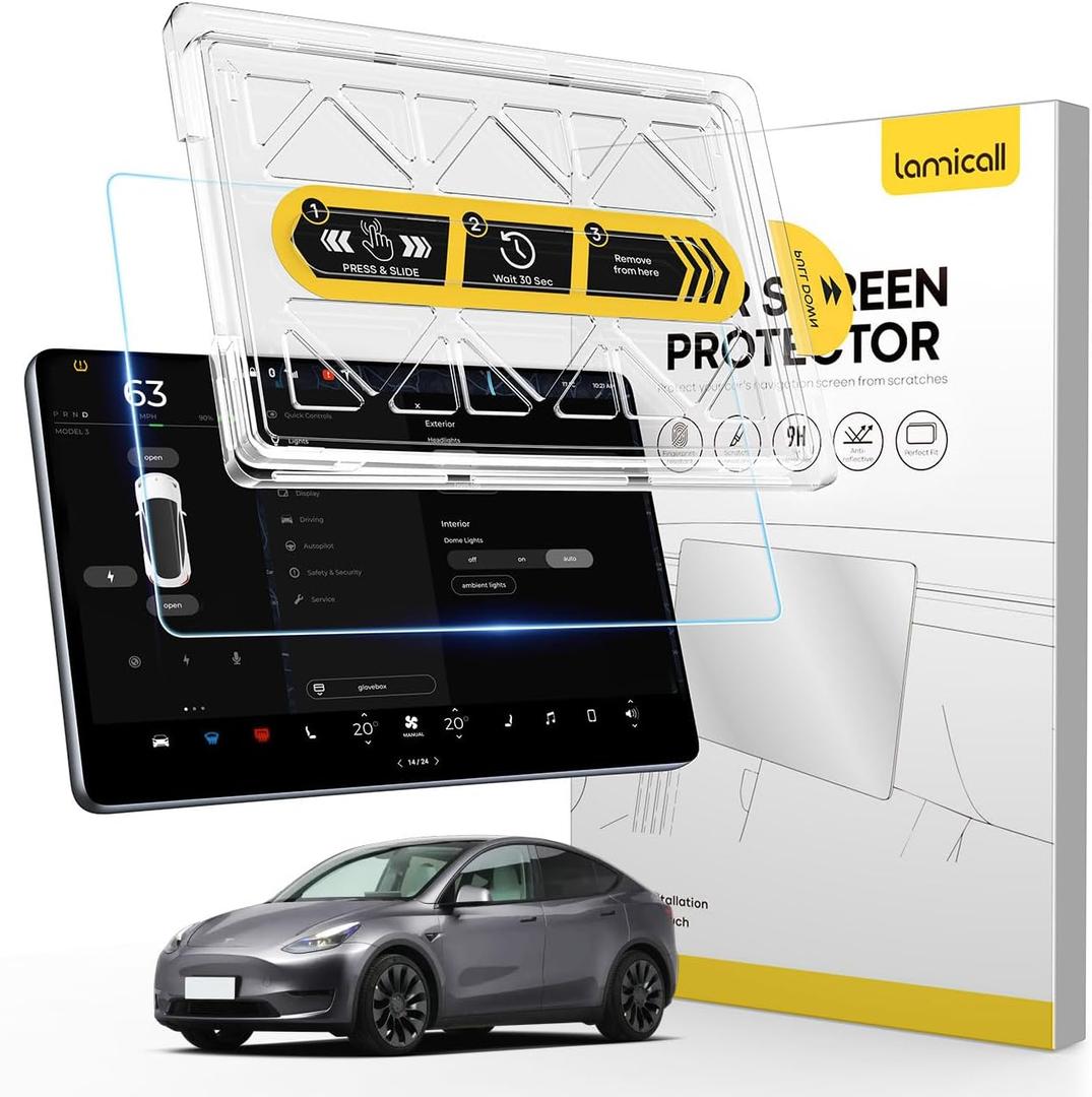 Lamicall Tesla Model Y (2020-2024) & Model 3 (2017-2023) Screen Protector - [Anti Scratch & Fingerprint] [9H Hardness] Glossy Tempered Glass Screen Protector for Tesla Model Y / Model 3, Tesla Assesories