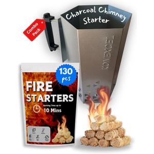 Charcoal Chimney Starter XL & Fire Starter set, Heavy Duty xl Charcoal Starter for charcoal grill (XXL Size) & Natural Wooden Fire starters for campfires (130 PCS); use for charcoal grill, BBQ.