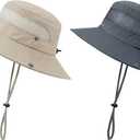 Kids Sun hat for Girls Boys Outdoor Breathable Sun Protection UPF 50+ Cap Wide Brim Summer Beach Bucket hat (5-13 Years, 2 Pack Dark Grey & Light Beige)