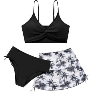 Girls Swimsuit with Skirt Twist Cross Bikini Set Teen Girls Swimming Bathing Suit with Adjustable Shoulder Straps (11-12 Years, Black)
