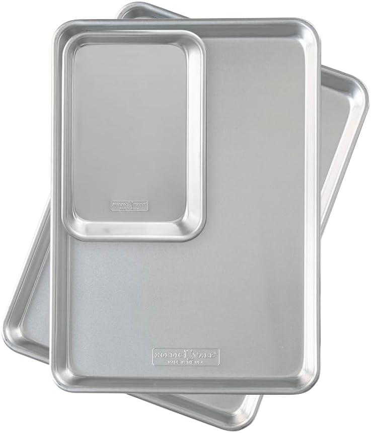 Nordic Ware Naturals Half Sheet Set - USA Made Aluminum Commercial Quality Sheet Pan for Baking or Roasting, Encapsulated Galvanized Steel Rim Prevents Warping, 2pk Half + 1/8 Sheet, 3- Pack