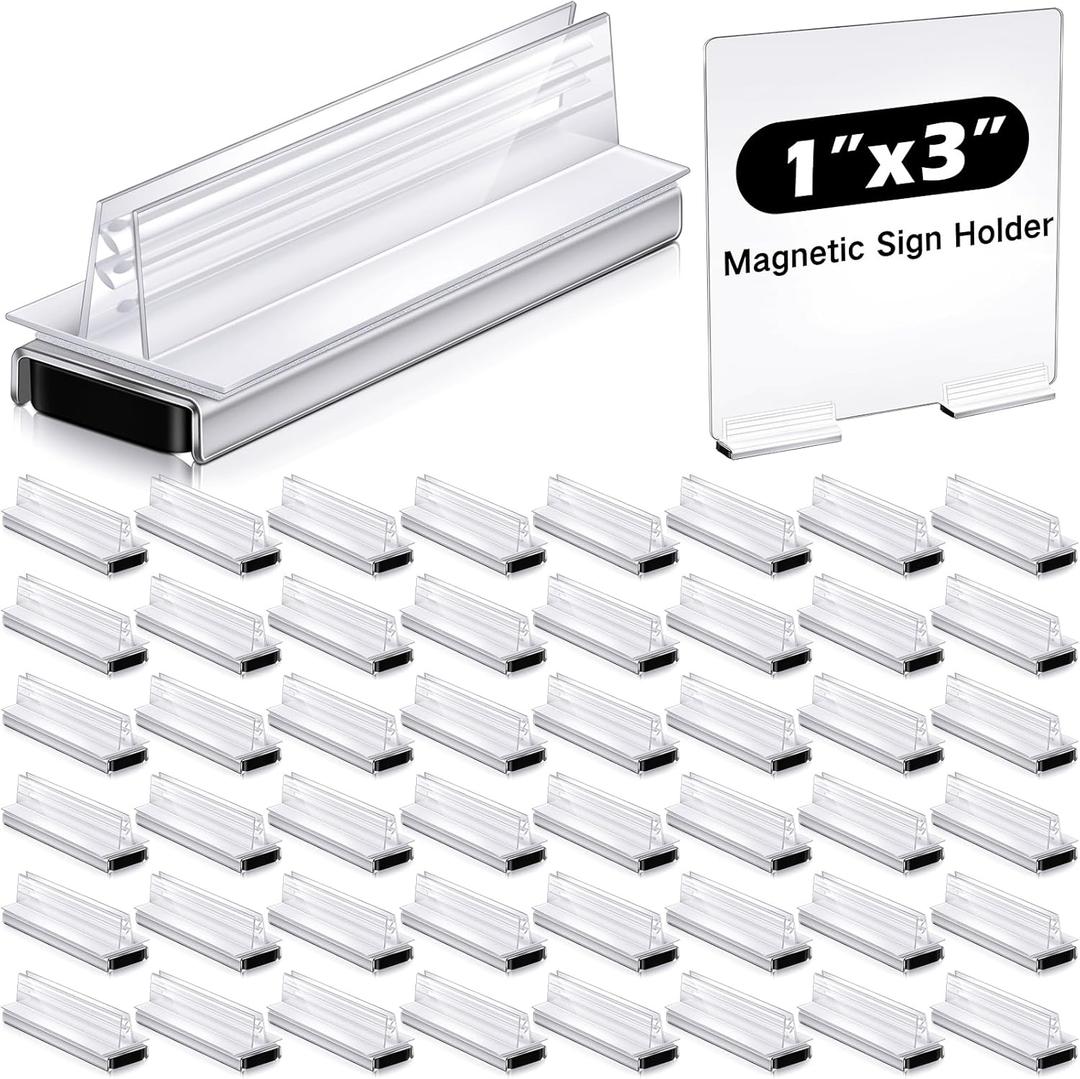 Thyle 24 Pack Magnetic Sign Holder Grip Holder, Powerful Magnet, 3" Length, 1" Width, 1" Total Height for Retail Wall Display Store Vendor Event Warehouse and Shop Supplies, Clear