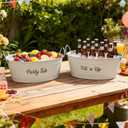 2-Pack White Metal Ice Bucket, Beverage Cooler Tub with Stainless Steel Handle - Reinforced Ribbed Design, Silk-Screened Logo & Powder-Coated Surface for Party, Beverage Cooling & Storage