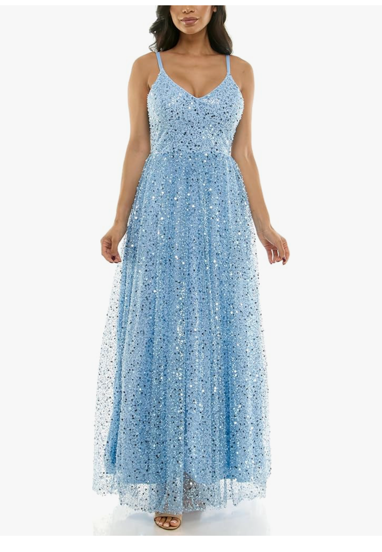 Women's Sleeveless Embellished V Neck Lace Back Tulle Gown(size 13/14)