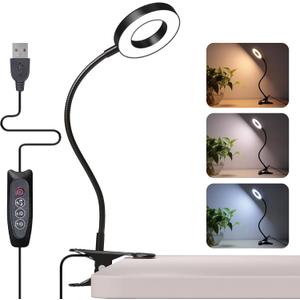 Foneso Desk Lamp Clip on Light, 48 LED USB Lamp with 3 Color Modes 10 Brightness Levels, 360° Flexible Gooseneck Eye Protection Bed Night Light for Reading, Makeup, Craft (Black)