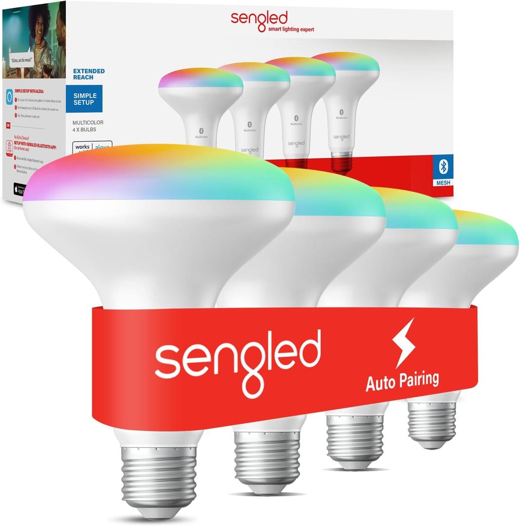 Sengled Alexa Smart Flood Light Bulbs, Bluetooth Mesh BR30 Smart Bulbs That Work with Alexa Only, 65 Watt Equivalent Full Color and Tunable White 650 LM, E26 Base Recessed, No Hub Required, 4 Pack