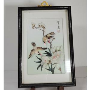 Vintage Asian Shadow Box Art 3D Framed Wall Bird Flowers 10x7"