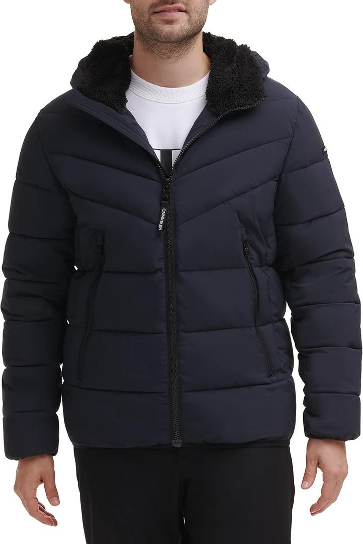 Calvin Klein mens Heavyweight Short Puffer (Medium, Hooded Stretch True Navy)