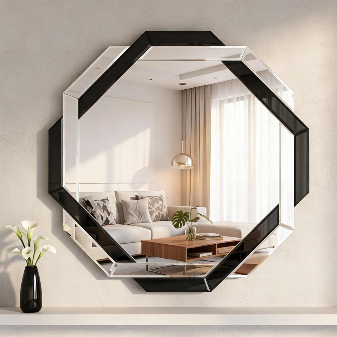 Vercraft Bathroom Mirror Decorative Beveled Edge Frameless Mirror Wall Mirrors Hexagon Silver Polished for Wall Bathroom Vanity Room Bedroom Living Room and Enter Way (24"24") (Black)