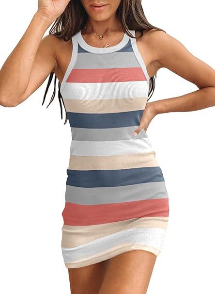 Samefar Womens Ribbed Scoop Neck Sleeveless Tank Dresses Basic Bodycon Mini Dress S