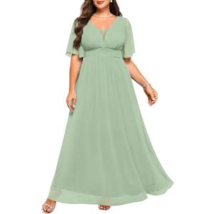 Plus Size Formal Dresses - V Neck Flutter Sleeves Evening Gowns Bridesmaid Wedding Guest Chiffon Long Maxi Dress (Green), 14W