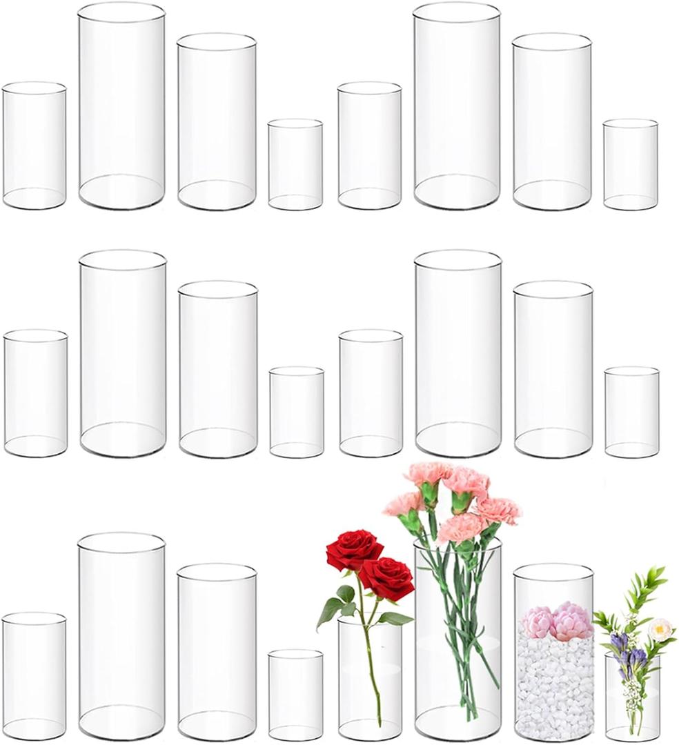 24 Pack Plastic Cylinder Vases for Centerpiece, 4 6 8 10 Inch Tall Acrylic Cylinder Vase Bulk Set Hurricane Candle Holder Glass Like Large Round Clear Plastic Flowers Vases for Wedding Home Office