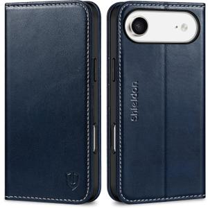 SHIELDON Genuine Leather Case Wallet for iPhone Air 6.5", Retro Dark Blue | Magnetic Closure, RFID Blocking, Credit Card Holder, Kickstand, Folio Design, Soft TPU Shockproof Phone Cover