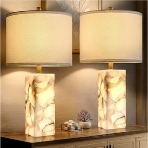 Scenekoy Alabaster Table Lamp Set of 2 with Night Light for Bedroom Living Room, 23" Rotary Switch Bedside Lamp with Linen Shade, Modern Nightstand Lamps for Room Office Dorm (White)