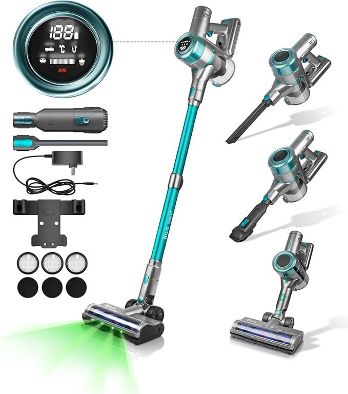 E.LUO Cordless Vacuum Cleaner,600W/≥45Kpa Stick Vacuum with Touch Screen,Max 60 Mins Runtime,Wireless Vacuum Cleaners for Home, Anti-Tangle Brush, Lightweight Vacuum for Pet Hair/Floor/Carpet-Green
