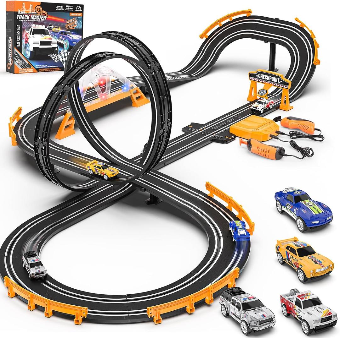 Slot Car Race Track Sets with 4 Slot Cars, Electric Race Car Track Include Slope Circular Overpass Track, Dual Racing Game Featuring Flash Bridge and Pendulum, Gifts Toys for Boys Kids Age 6 7 8-12, 1:64