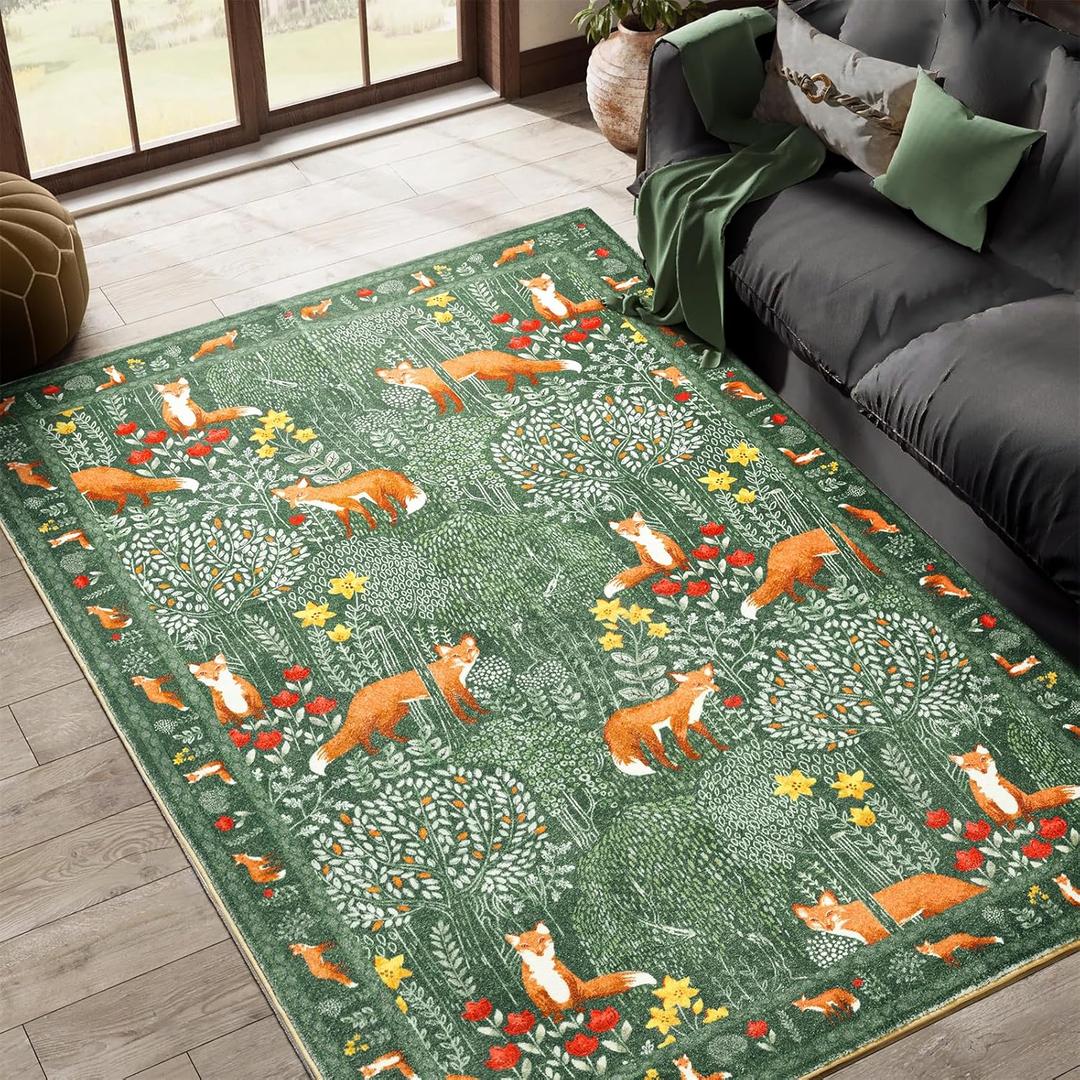Cute Aesthetic Bedroom Rug, Ultra Thin Vintage Abstract 5x7 Carpet Washable, Boho Floral Botanical Area Rug for Living Room Entryway Kitchen Dorm, Green Woodland Forest Nature Kids Rug Nursery Carpet