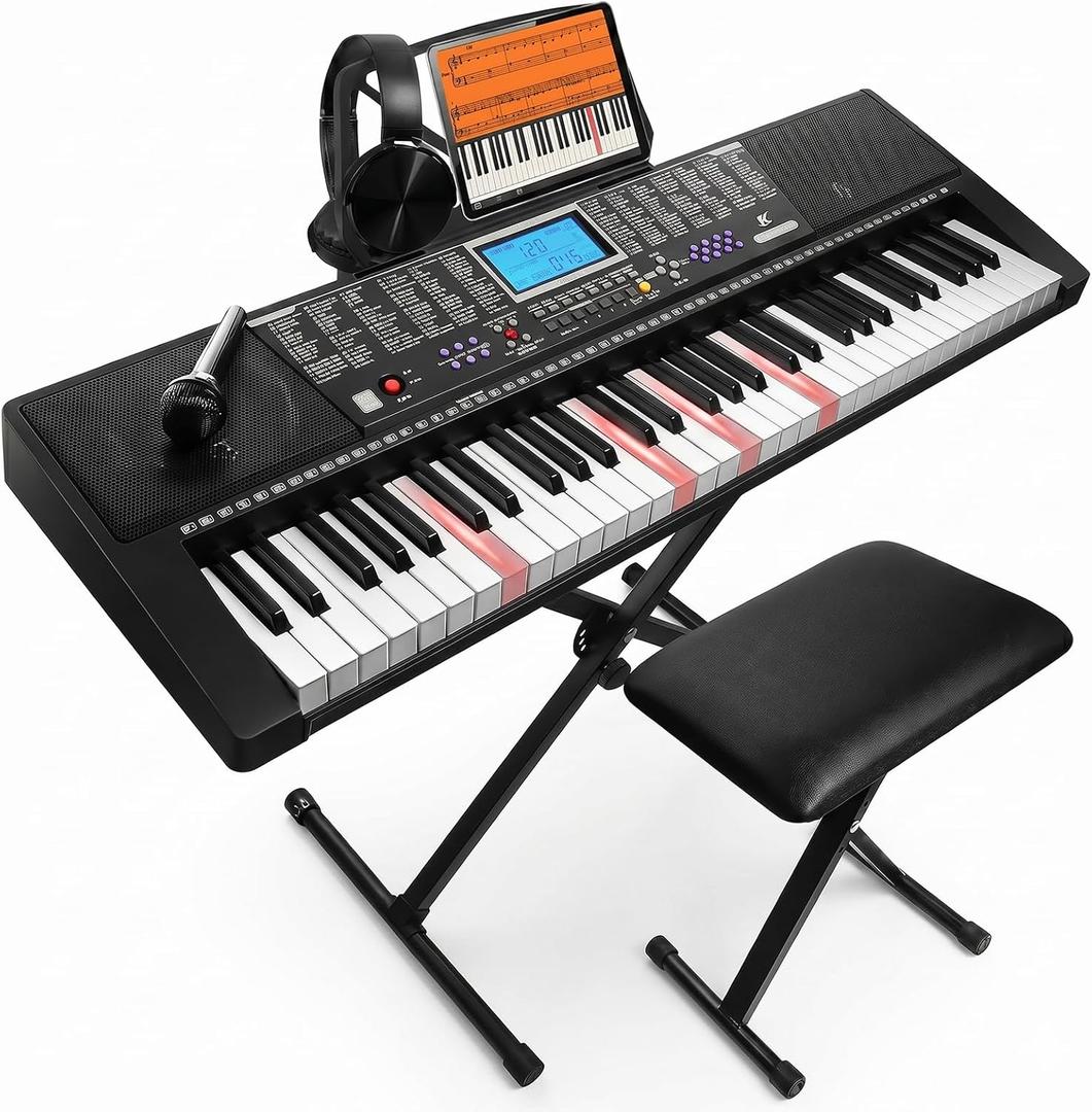 61 Key Keyboard Piano for Beginners with Stand, Bench & Headphones | Piano Keyboard Complete Set, Guided Light-Up Keys, Designed for Beginner Practice, Note Stickers & 3 Teaching Modes, Compact