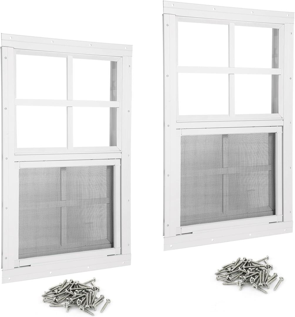 Shed Windows 2 Pack 14" W x 21" H Flush Mount White Window with Tempered Glass and Fiberglass Screen,Sliding Windows with Vertical Slider and Screws for Sheds,Chicken Coop, Playhouse Garbage Room etc