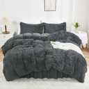 annadaif Plush Grey Duvet Cover Queen, Fluffy Soft Faux Fur Velvet Comforter Cover, Luxury Fuzzy Shaggy Bedding Sets 3 Pieces(1 Duvet Cover,2 Pillowcases), Zipper Closure (Dark Grey)