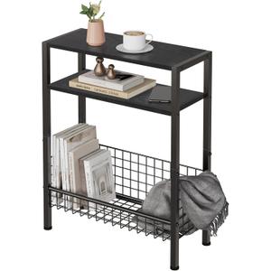 DIY Narrow Side Table, 3 Tier End Table with Various Storage Basket, Slim Sofa Side Table for Small Spaces, Skinny Nightstand, for Living Room, Bedroom, Black