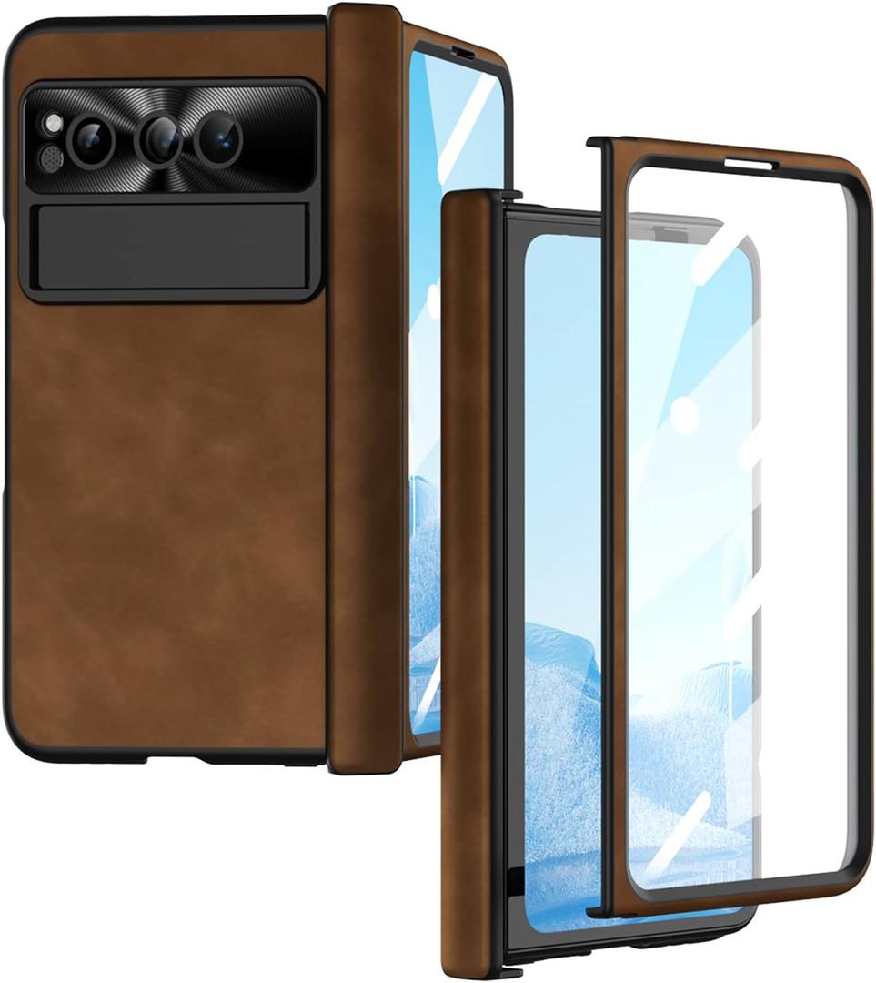 Pixel Fold Case, Leather Magnetic Hinge Protection Cover Built-in Screen Protector, Compatible with Google Pixel Fold 2023 (Brown)