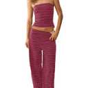 Tankaneo Womens Striped 2 Piece Sets Summer Strapless Crop Tube Tops Wide Leg Pants Matching Lounge Set Vacation Outfits. Size L