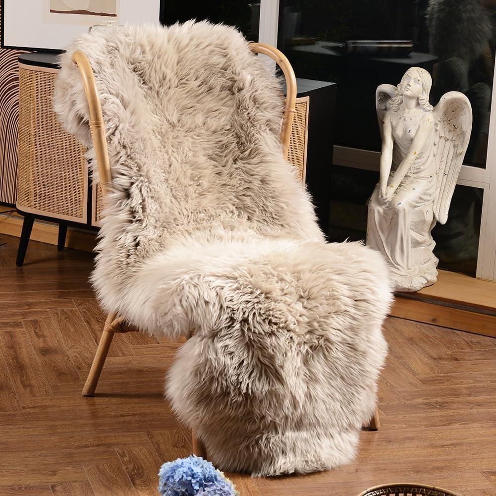 LLB Genuine Sheepskin Area Rug Wool Rug Fur Carpet Fluffy Shaggy Fur Rug for Living Room Kids Bedroom Real Sheepskin Throw Lambskin Rugs Sofa Mat Chair Seat Covers (Cream Brown, 2 x 6 ft Sheepskin) (6' x 2' (Sheepskin Shape))