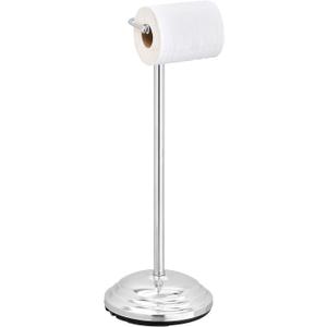 MyGift Silver Chrome-Plated Metal Heavy Weighted Free Standing Toilet Paper Holder, Classic Bathroom Single Roll Dispenser Stand with Round Base