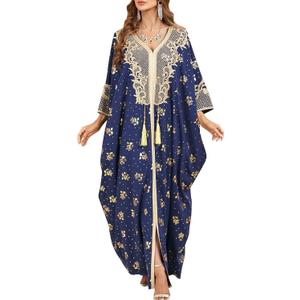 Embroidered Abaya Kaftans for Women Modern Elegant Dubai Moroccan Dubai Kaftan Dresses Abaya for Women Muslim Dress (Navy Blue)
