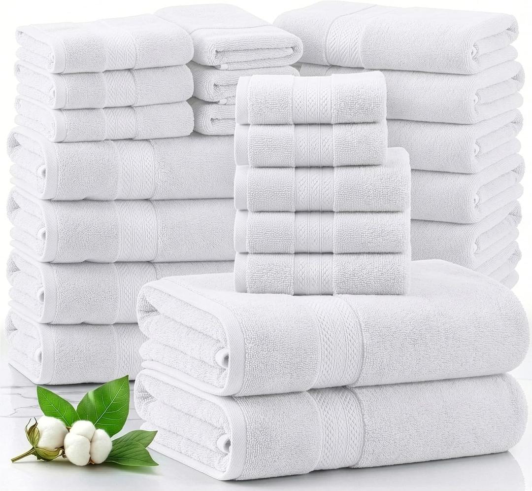LANE LINEN 100% Cotton Bathroom Towel Set of 24 - Durable, Soft & Absorbent - 4 Bath, 4 Fingertip, 6 Hand, 8 Washcloths, 2 Bath Sheets, Hotel & Spa-Quality Design - White Towels