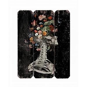 Flooreal Gothic Wall Art Home Decor Skeleton Picture Floral Sugar Skull Painting H16inch Black Dark Eclectic Wood Prints with Spooky Flower Aesthetic Vintage Style Artwork Plaque for House 1pc