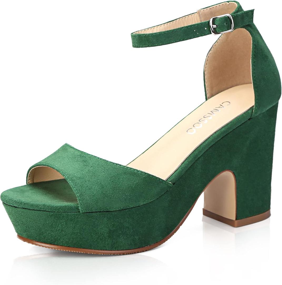 CAMSSOO Platform Heels for Women Chunky Heel Open Toe Ankle Strap Suede Wedges Sandals Wedding Office Dress Shoes (Green)