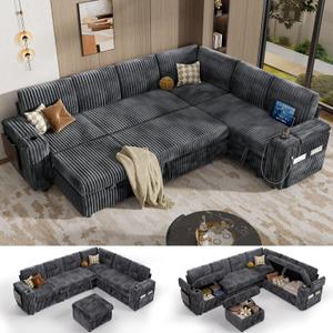 Vipbear 111" Modular Sectional Sleeper Sofa with Pull Out Bed, 7 Seat Corduroy L Shaped Couch with Ottoman|USB Ports|Cup Holders|Side Table|Storage Armrest, Tool Free Assembly, Grey
