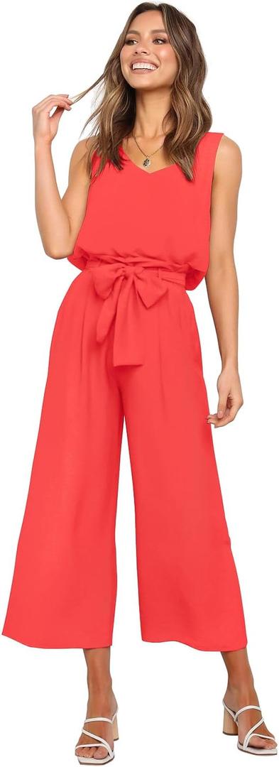 FANCYINN Womens 2 Piece Set V Neck Tank Wide Strap Tops High Waisted Cropped Paper Bag Pants with Belt (Orange, M)