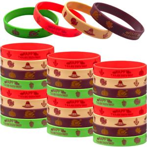 24 Packs Thanksgiving Silicone Wristbands for Kids Happy Harvest Party Rubber Bracelets Bulk Silicone Bracelets, Turkey Maple Leaf Pumpkin Hazelnut Cake for Thanksgiving Party Supplies
