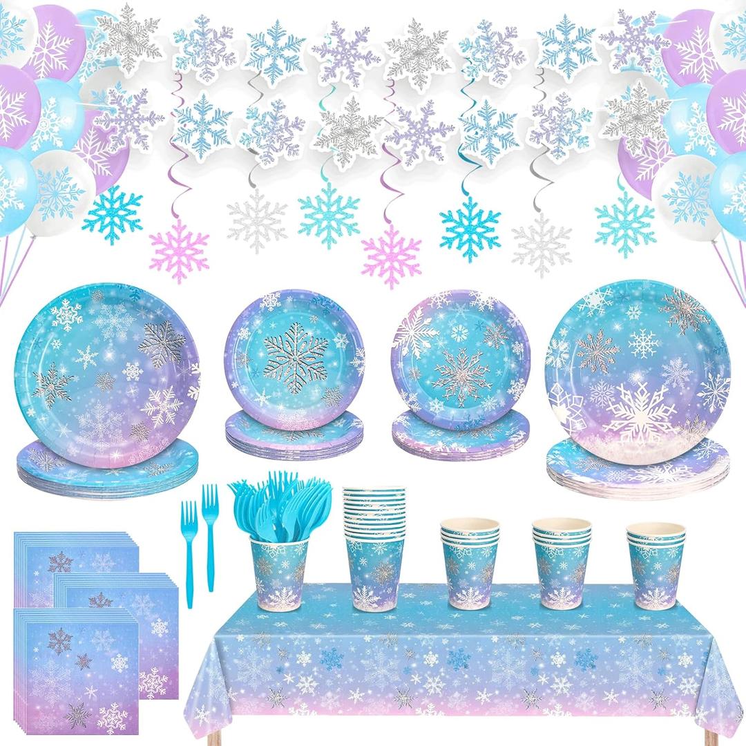 149Pcs Winter Snowflake Wonderland Paper Plates and Napkins Set,Frozen Birthday Party Decorations,for Christmas Winter Holiday New Year Party Supplies,Serves 24