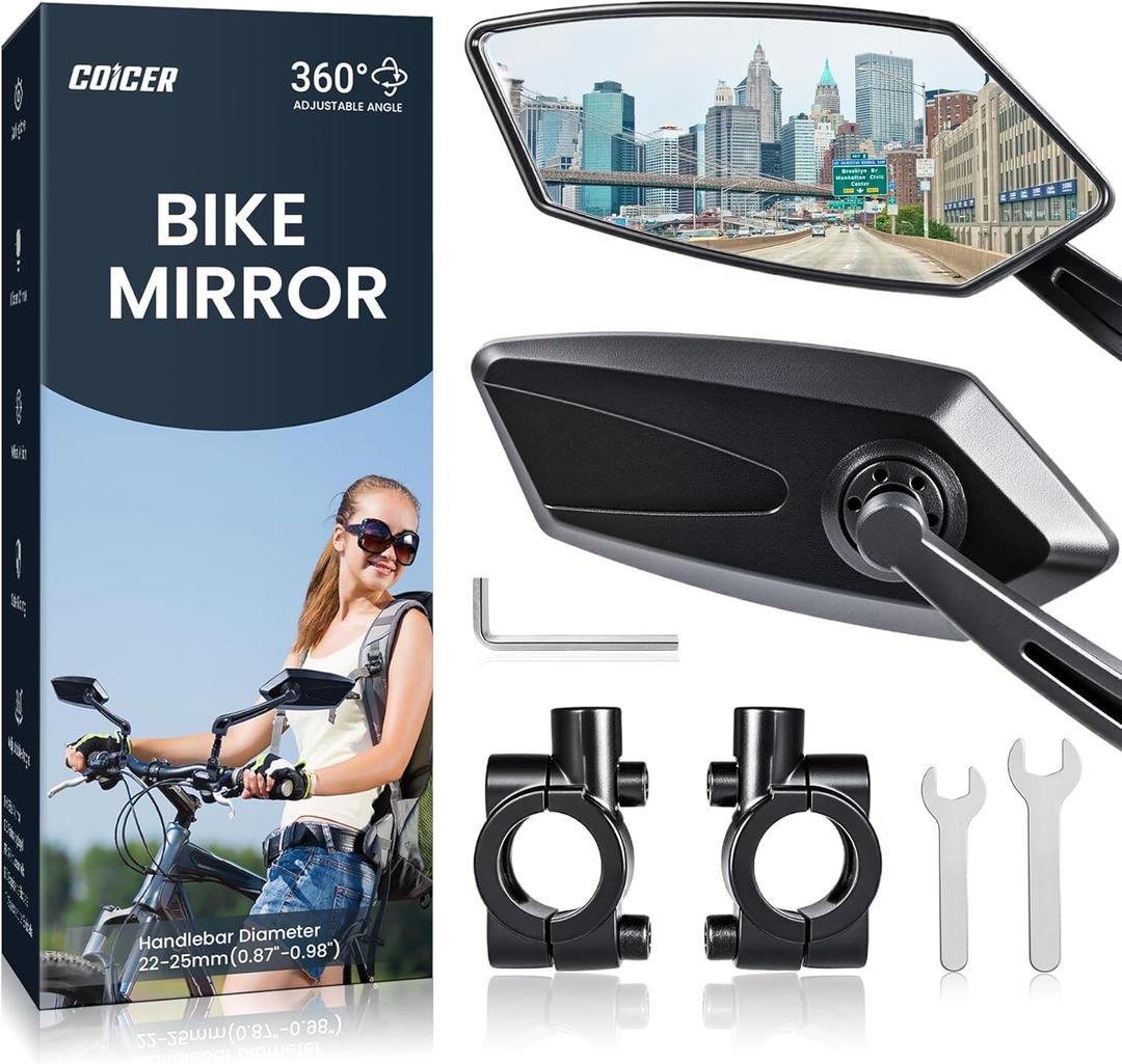 Bike Mirror Handlebar Mount 360 Adjustable 2pcs, Accessories Bike Side Mirror, E Bike Mirrors for Handlebars, Scooter Mirrors for Handlebars with Scratch Resistant Glass, E Bike Rear View Mirror